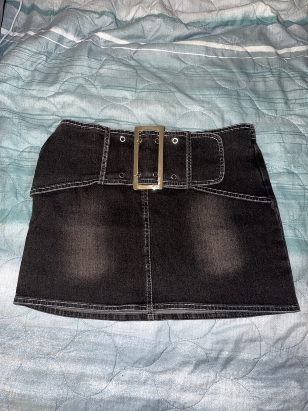 High-Waist Black Denim Mini Skirt with Statement Buckle